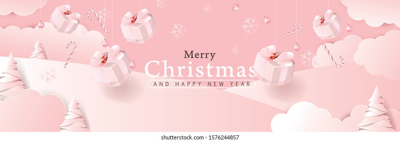 Merry christmas background composition in paper cut style color of pink. Vector illustration. 
