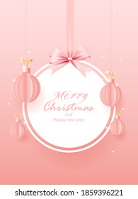 Merry christmas background composition in paper cut style color of pink. Vector illustration.