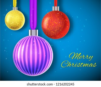 Merry christmas background concept with three ornamented colorful baubles hanging on ribbons flat vector illustration