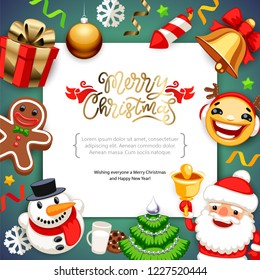 Merry Christmas background with copy space on dark blue backdrop. Cartoon characters. Santa Claus and decorations. Cute greeting card. Clipping paths included.