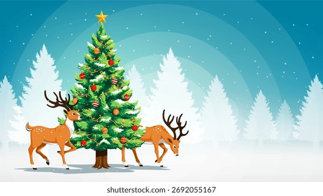 Fundo Feliz Natal com espaço de cópia, Duas renas ficar ao lado de uma árvore de Natal decorada em uma floresta nevada, a magia e alegria da temporada de férias, ilustração vetorial