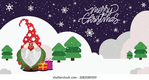 merry Christmas background with cute gnomes, elf, Santa clause with gifts.