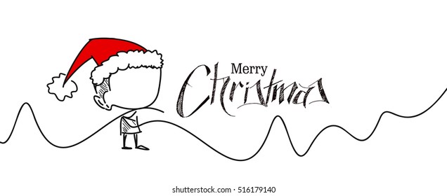 Merry Christmas! Christmas background with cute little boy wearing santa claus cap. Christmas design. Vector illustration isolated on white. 