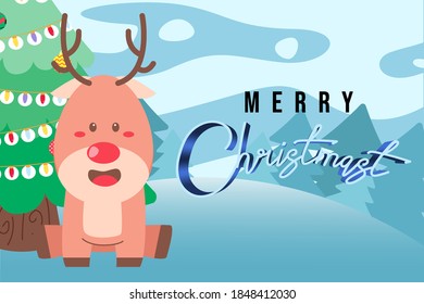 Merry Christmas Background with cute sitting deer and Big Christmas Tree on scene winter landscape