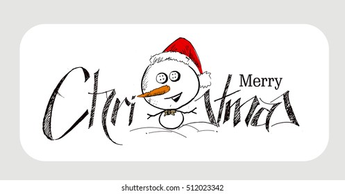 Merry Christmas! Christmas background with cute Snowman wearing santa claus cap. Christmas design. Vector illustration isolated on white. 