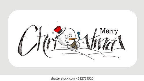 Merry Christmas! Christmas background with cute Snowman wearing santa claus cap. Christmas design. Vector illustration isolated on white. 