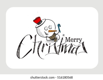 Merry Christmas! Christmas background with cute Snowman wearing santa claus cap. Christmas design. Vector illustration isolated on white. 