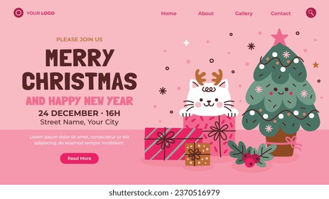 Merry Christmas background. December 25. Happy Christmas season Celebration. Christmas tree. Vector illustration for Poster, Banner, Greeting Card, Flyer, Invitation, Card, Cover, Template. gift box.