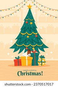 Merry Christmas background. December 25. Happy Christmas season Celebration. Christmas tree. Vector illustration for Poster, Banner, Greeting Card, Flyer, Invitation, Card, Cover, Template. gift box.