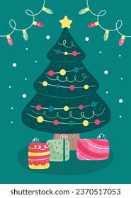 Merry Christmas background. December 25. Happy Christmas season Celebration. Christmas tree. Vector illustration for Poster, Banner, Greeting Card, Flyer, Invitation, Card, Cover, Template. gift box.