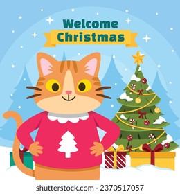 Merry Christmas background. December 25. Happy Christmas season Celebration. Christmas tree. Vector illustration for Poster, Banner, Greeting Card, Flyer, Invitation, Card, Cover, Template. gift box.