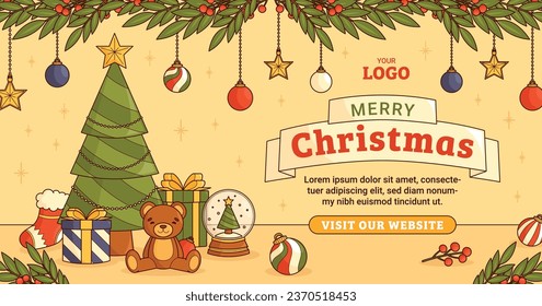 Merry Christmas background. December 25. Happy Christmas season Celebration. Christmas tree. Vector illustration for Poster, Banner, Greeting Card, Flyer, Invitation, Card, Cover, Template. gift box.