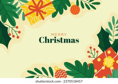 Merry Christmas background. December 25. Happy Christmas season Celebration. Christmas tree. Vector illustration for Poster, Banner, Greeting Card, Flyer, Invitation, Card, Cover, Template. gift box.