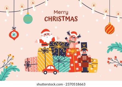 Feliz Navidad de fondo. 25 de diciembre. Feliz Navidad. Árbol de Navidad. Ilustración vectorial para afiche, pancarta, tarjeta de felicitación, volante, invitación, tarjeta, cubierta, plantilla. caja de regalo.