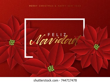 Merry Christmas, background decorated with beautiful red buds poinsettia flowers. Spanish text Feliz Navidad