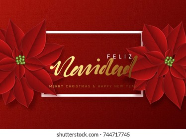 Merry Christmas, background decorated with beautiful red buds poinsettia flowers. Spanish text Feliz Navidad