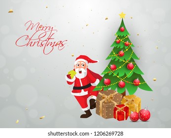 Merry Christmas background decorated with xmas tree, gift boxes and cute santa character. Can be used as greeting card design.