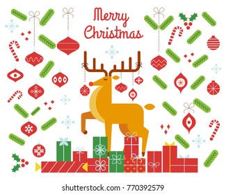 
Merry Christmas background with decoration elements. Deer with glass balls on horns isolated on a white background. Santa Gift.
Flat vector illustration. 