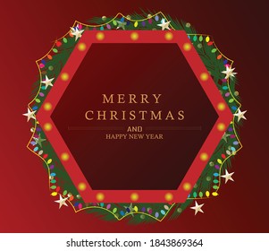 Merry Christmas background decoration with green leaves , golden star and balls, lights background.