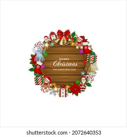 
merry christmas background with decorations  and lights on wooden board