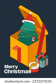 Merry Christmas background decorative with tree in gift box isometric flat design style. Design element can be used for greeting card, postcard, backdrop, brochure, publication, vector illustration