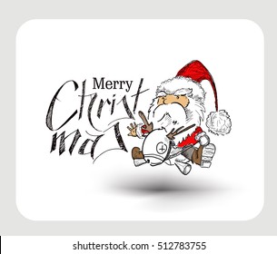 Merry Christmas! Christmas Background deer and Santa party. Santa with deer. Cartoon Style Hand Sketchy drawing, vector illustration