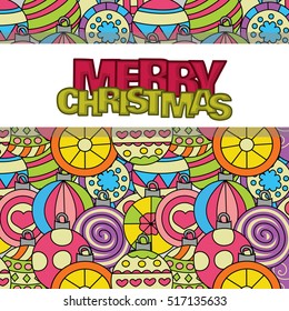 Merry Christmas background design with decoration balls elements. Greeting card doodle vector illustration with lettering