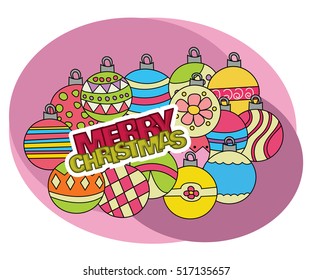 Merry Christmas background design with decoration balls elements. Greeting card doodle vector illustration with lettering