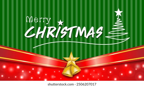 merry christmas background design with green color, Golden bells and red and gold ribbons, banner and cover template design.