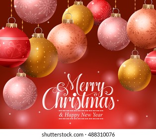 Merry christmas background design with hanging colorful christmas balls in red background. Vector illustration.

