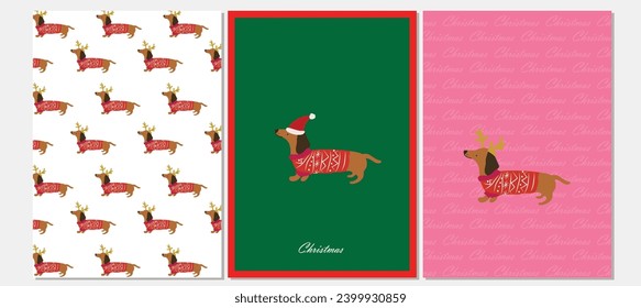 Merry Christmas background with dogs. Christmas celebration, greetings, pattern and backdrop. Festive greeting cards