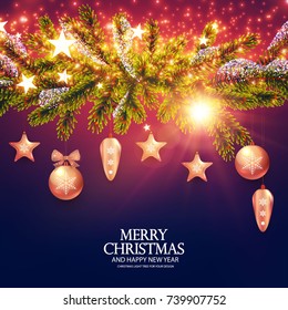Merry Christmas Background. Elegant New Year Decoration with Fir Tree Branches, Stars, Gold Garlands, Christmas Toys and Shining Lights. Vector illustration
