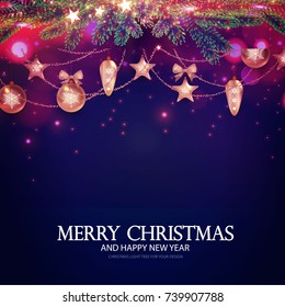 Merry Christmas Background. Elegant New Year Decoration with Fir Tree Branches, Stars, Gold Garlands, Christmas Toys and Shining Lights. Vector illustration