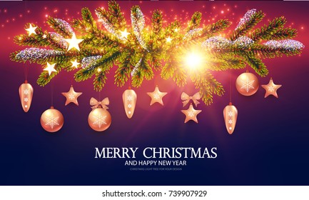 Merry Christmas Background. Elegant New Year Decoration with Fir Tree Branches, Stars, Gold Garlands, Christmas Toys and Shining Lights. Vector illustration