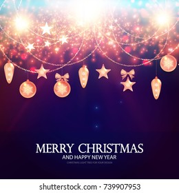 Merry Christmas Background. Elegant New Year Decoration with Stars, Gold Garlands, Christmas Toys and Shining Lights. Vector illustration