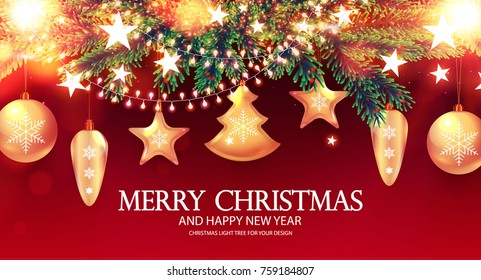 Merry Christmas Background. Elegant New Year Decoration with Fir Tree Branches, Stars, Gold Garlands, Christmas Toys and Shining Lights on Red Background. Vector illustration