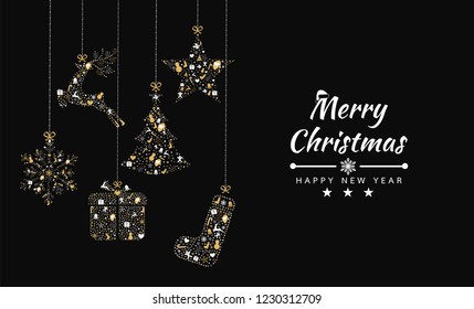 Merry Christmas background with element collection banner. reindeer, gift box, tree, star ,snowflakes. Vector illustration