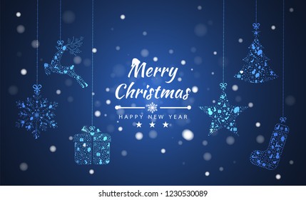 Merry Christmas background with element collection banner. reindeer, gift box, tree, star ,snowflakes. Vector illustration