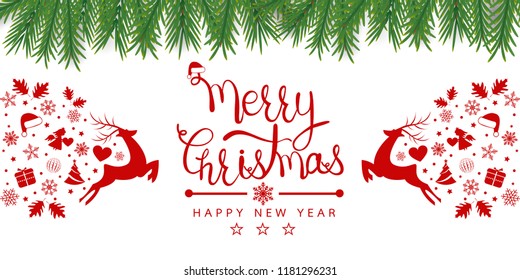 Merry Christmas background with element icons, snowflakes, on white background