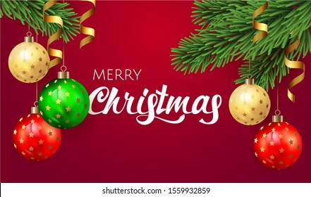 Merry Christmas background with christmas element. Red Background with fir tree branches and green, gold, red colored christmas ball. Vector illustration