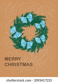 Merry Christmas background with Christmas element. Christmas wreath decorated with blue bows. Vector illustration.