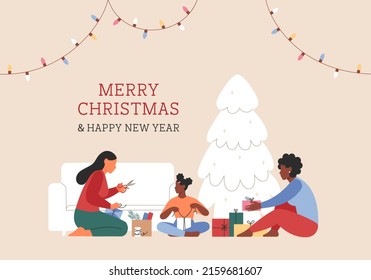 Merry Christmas background. Family making and packing gifts. People prepare gifts for family and friends. Flat vector illustration.