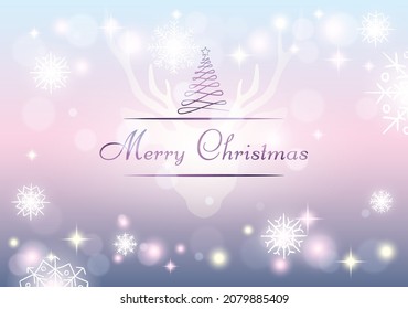 Merry Christmas background. Festive vector illustration with shiny purple text and fir tree, white snowflakes and deer on pastel pink background. Decorative and greeting banner, screensaver.