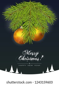 Merry Christmas background with fir branches and gold Christmas  balls. Christmas Greeting Card. Vector illustration