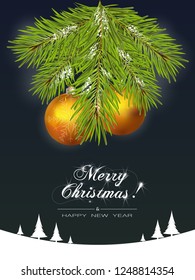 Merry Christmas background with fir branches and gold Christmas balls. Christmas Greeting Card. Vector illustration. Greeting card with cut out pine trees and inscription Merry Christmas