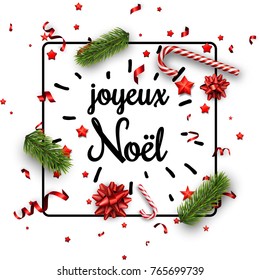 Merry Christmas background with fir branches, candy and red serpentine, French. Vector paper illustration.
