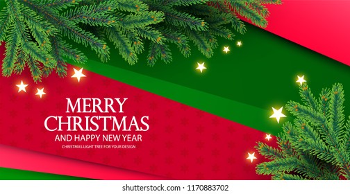 Merry Christmas Background with Fir Tree Branches and Shining Stars. Vector illustration