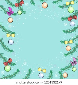 Merry Christmas, Christmas background with fir tree branches and snowflakes. Vector illustration