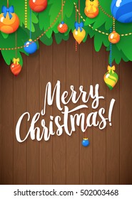 Merry Christmas background with fir twigs and colorful glass toys. Vector illustration Wood Planks.