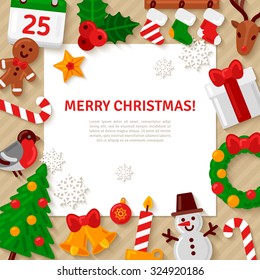 Merry Christmas Background with Flat Icons and White Square Frame. Vector Illustration. Happy New Year Concept.